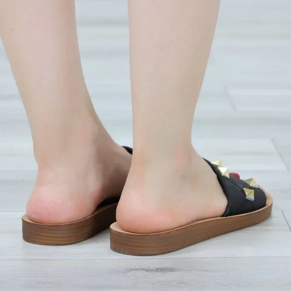 Black Flat Comfort Flexible Sandal Slip On Sliders Trendy Gold Studs Glittery To - Picture 13 of 14